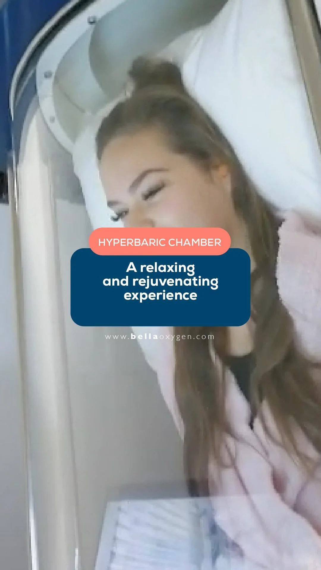 Woman resting inside the clear Bella Oxygen hyperbaric chamber