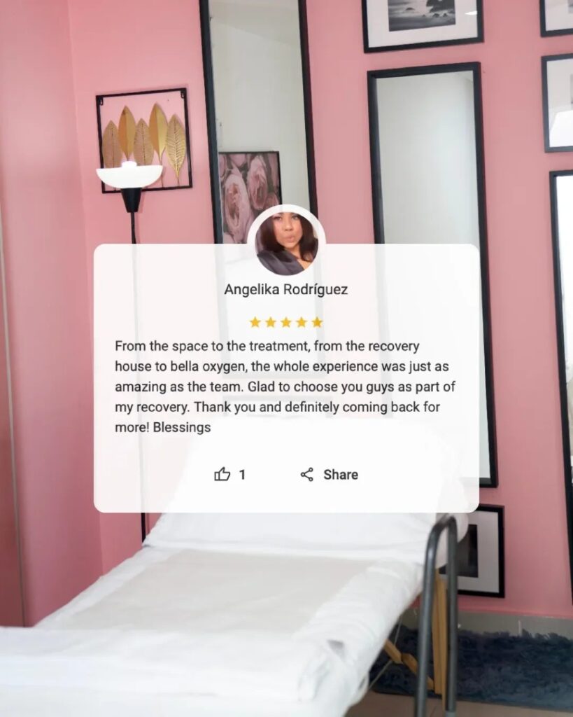 Five-star patient review graphic photographed inside Bella Oxygen