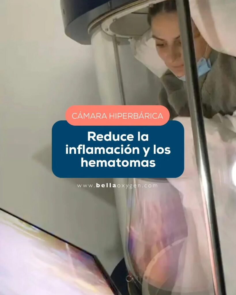 Patient reclining in the Bella Oxygen chamber with an educational recovery overlay